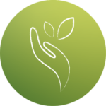 Logo vert avec silhouette et feuilles stylisées