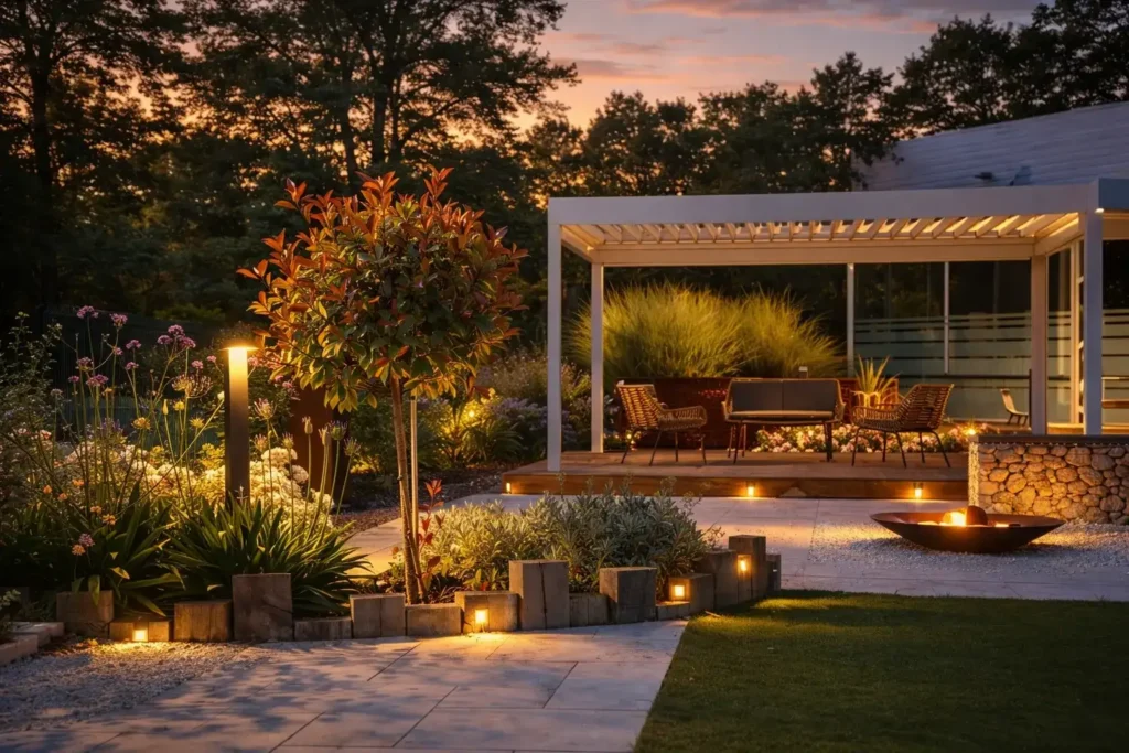 Jardin moderne éclairé au crépuscule avec pergola