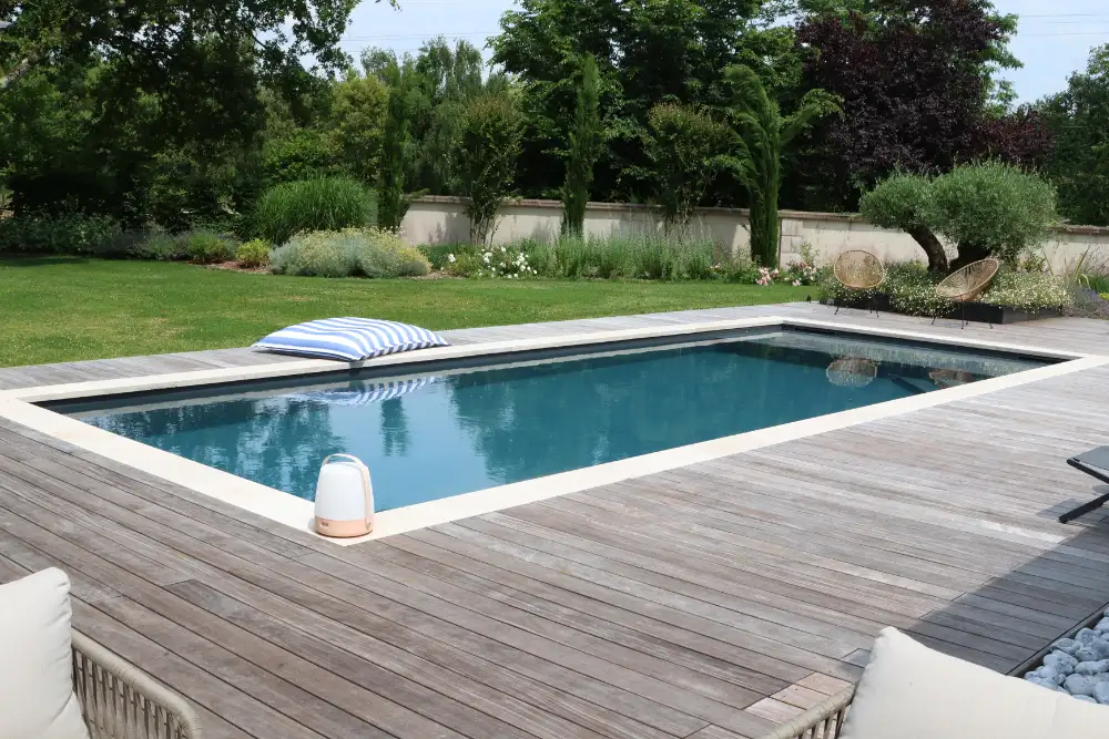 Piscine moderne rectangulaire dans jardin paysager