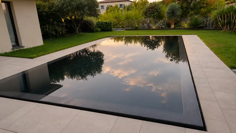 Piscine moderne rectangulaire dans jardin paysager