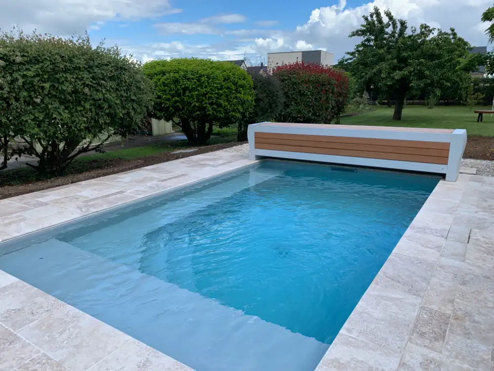 Piscine moderne rectangulaire dans jardin paysager